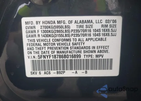 2006 Honda Pilot Ex-L из США, поврежденный, VIN 5FNYF18786B016899